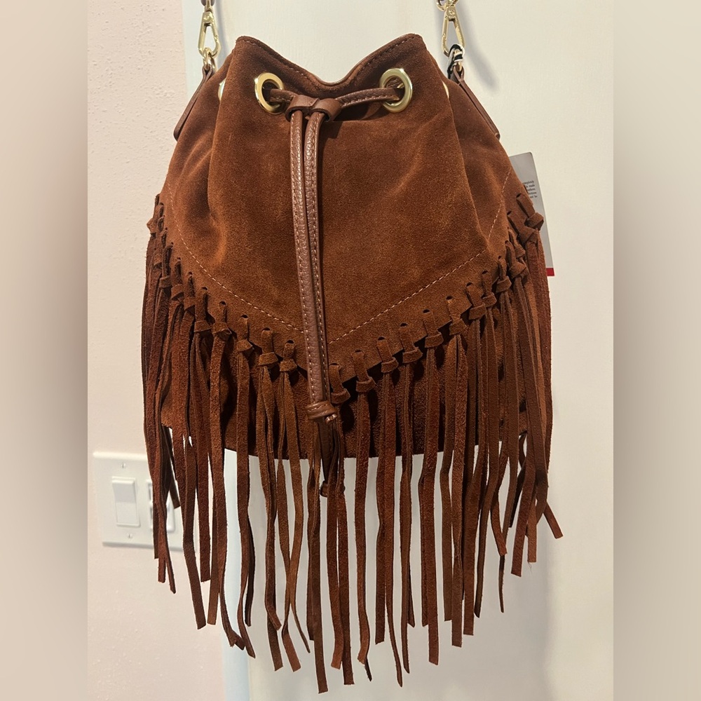 Fringed Brown Suede Leather Bucket Bag